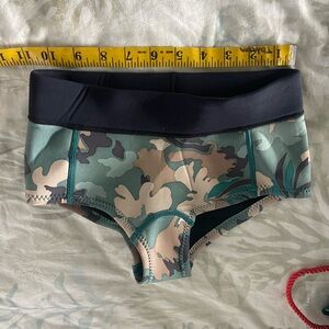 Patagonia black, green, teal, camouflage swim or dive bottom, 1mm wetsuit fabric